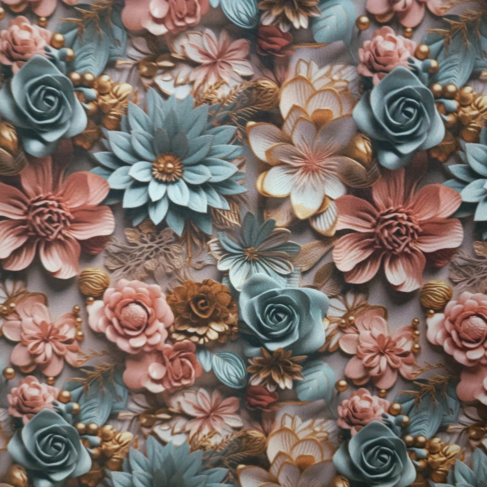 Tecido Microfibra Estampa Digital floral 3D com rosas e flores em tons de azul acinzentado, pêssego, marrom e dourado sobre fundo neutro, da Evelin Tecidos e Aviamentos.