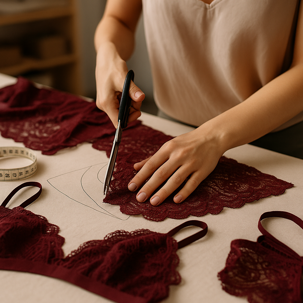 Fábrica de lingerie com costureiras produzindo peças usando rendas e elásticos coloridos, simbolizando eficiência na produção.