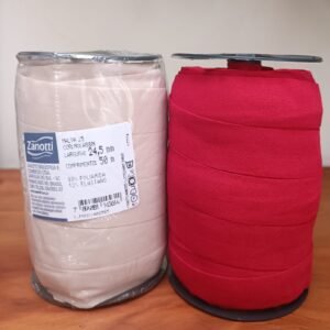 Rolo de elástico dobrável Malva 25 na cor mocassim/nude e rolo na cor vermelha, para confecção de lingerie, Evelin Tecidos