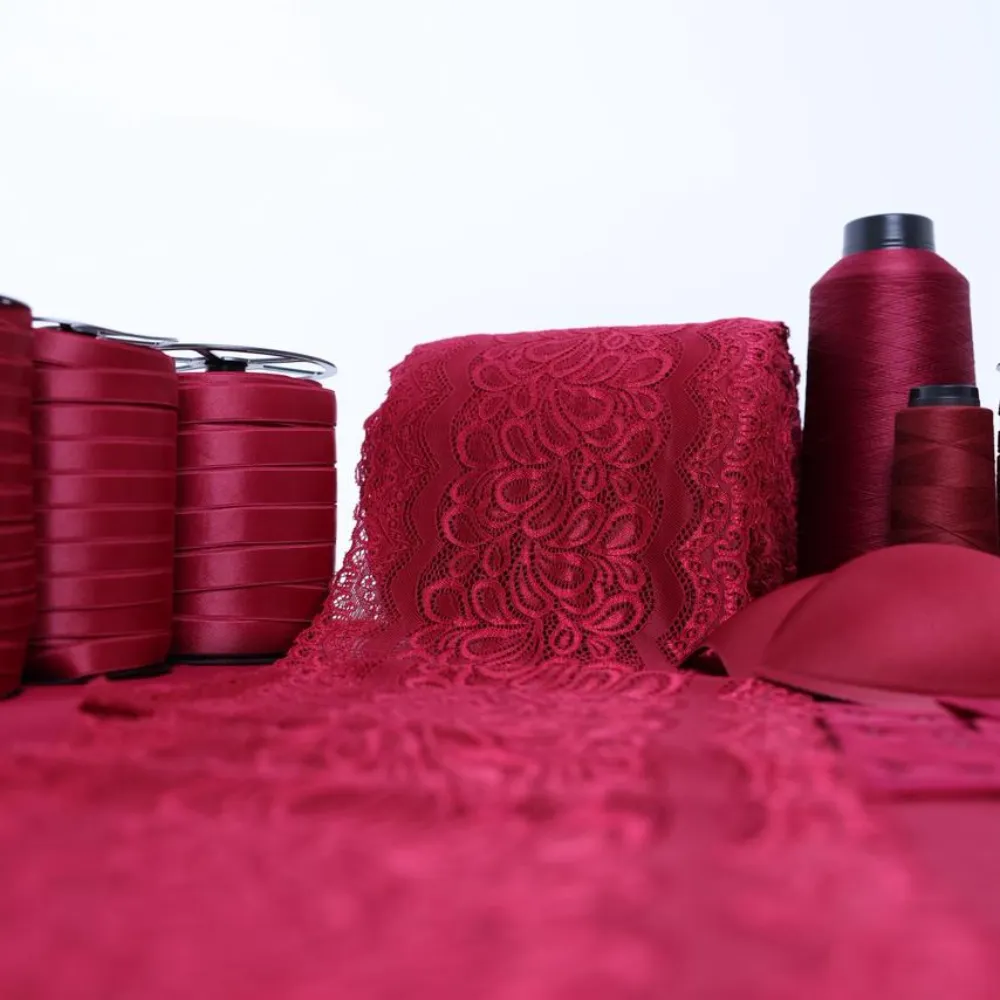 Kit de fabricação de lingerie na cor Carmim com tecidos, elásticos, aviamentos, linhas e bojos organizados para produção de até 50 conjuntos.